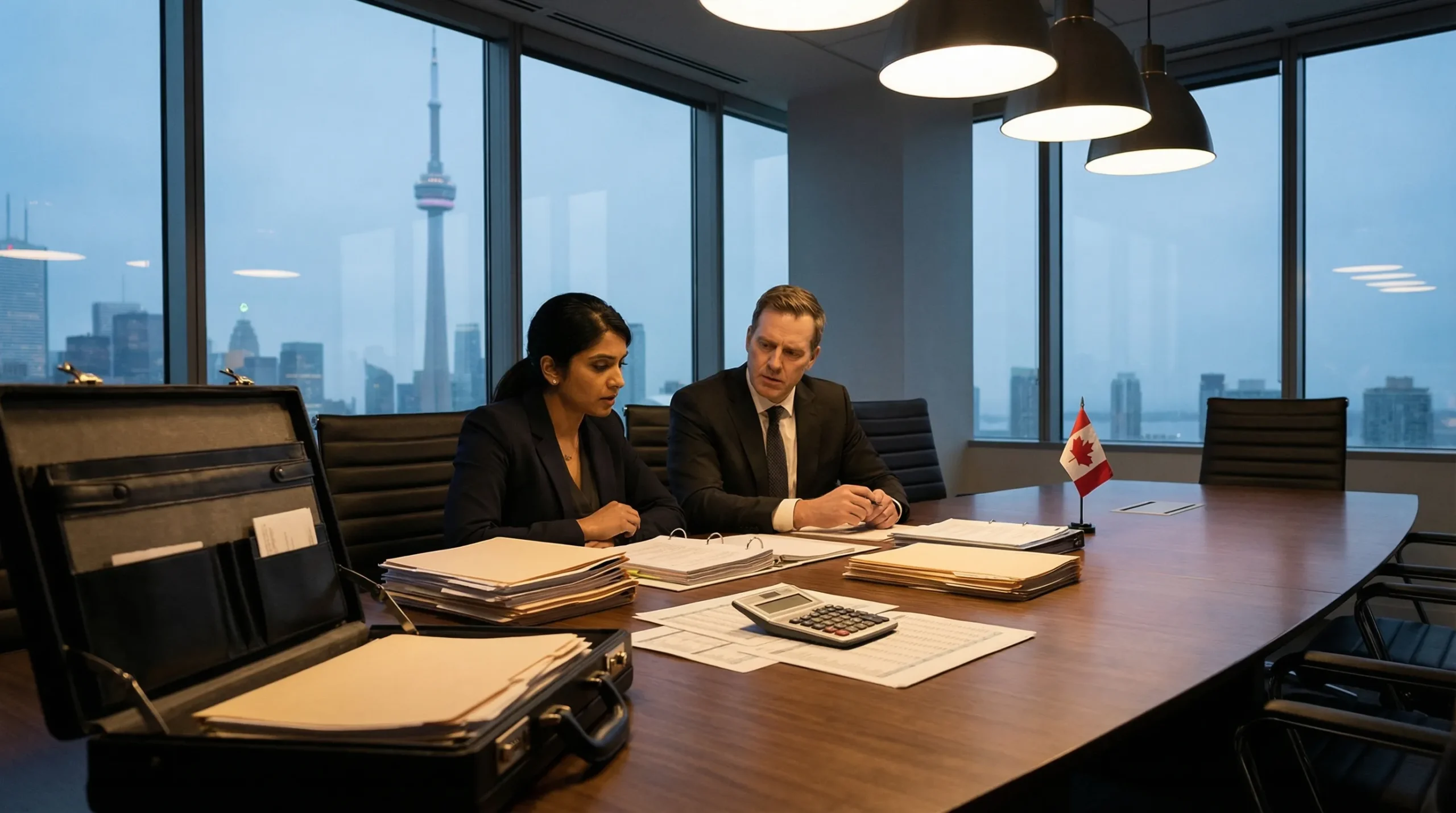 Two professionals review documents in a Toronto boardroom with the CN Tower visible through floor-to-ceiling windows.