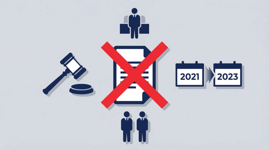 Graphic showing a rejected legal document surrounded by a gavel, judge, citizens, and 2021-2023 timeline.
