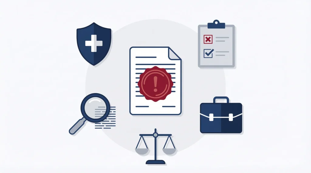Legal compliance illustration with a stamped document surrounded by a shield, clipboard, briefcase, scales, and magnifying glass.