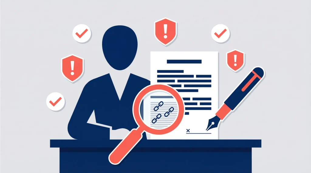Illustration of a contract audit with a magnifying glass, pen, warning shields, and approval checkmarks.