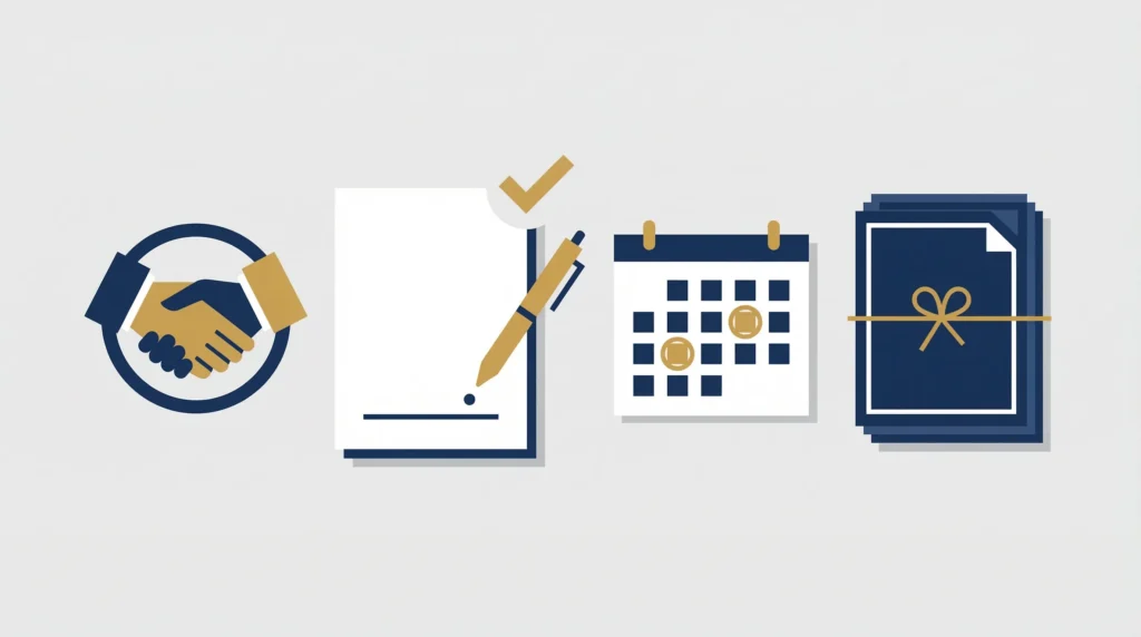 Vector illustration of business icons: handshake, signed contract, calendar, and tied document stack.