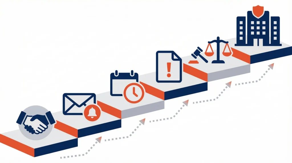 Ascending staircase infographic depicting a process flow from agreement to legal resolution using navy and orange icons.