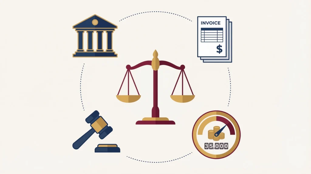 Scales of justice surrounded by bank, invoice, gavel, and credit gauge icons connected in a circle.