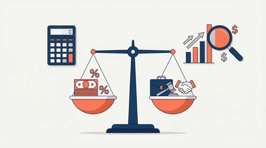A balance scale weighing money against legal and business icons, surrounded by a calculator and financial growth chart.