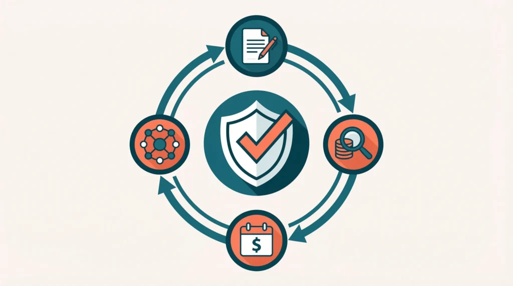 Circular infographic showing a security workflow with icons for documents, auditing, finance, and networking around a central shield.