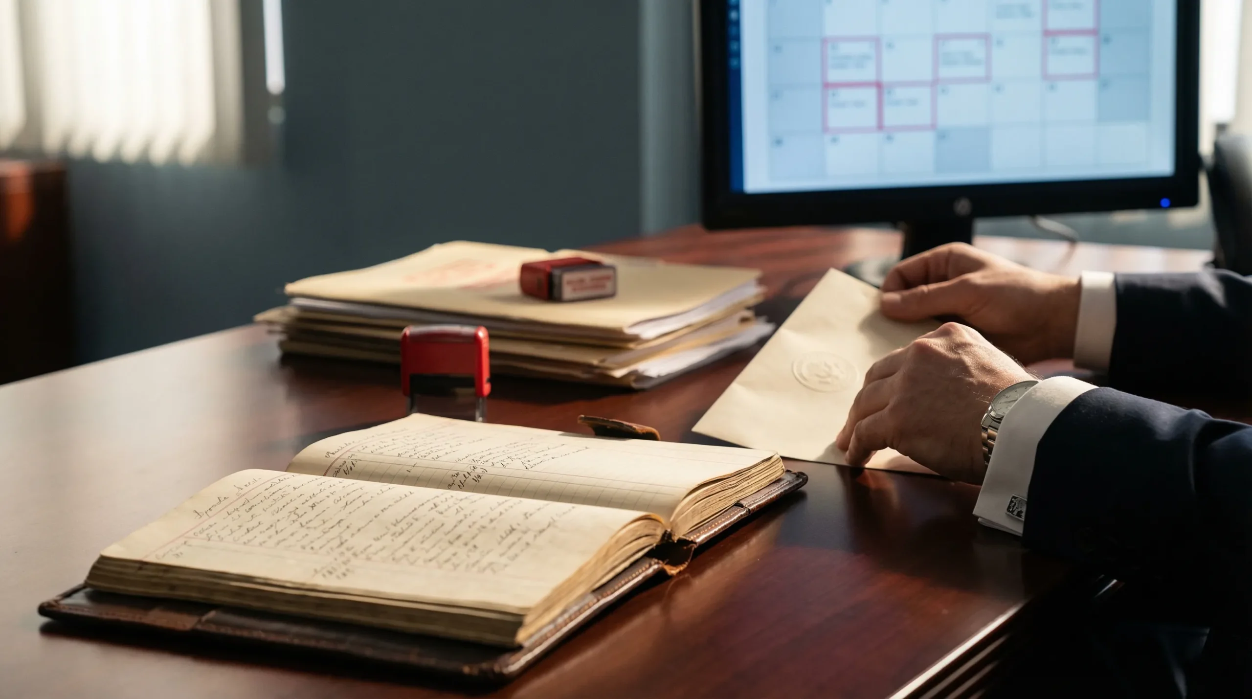 Professional at desk opening an envelope next to an open ledger, file stack, and computer monitor.