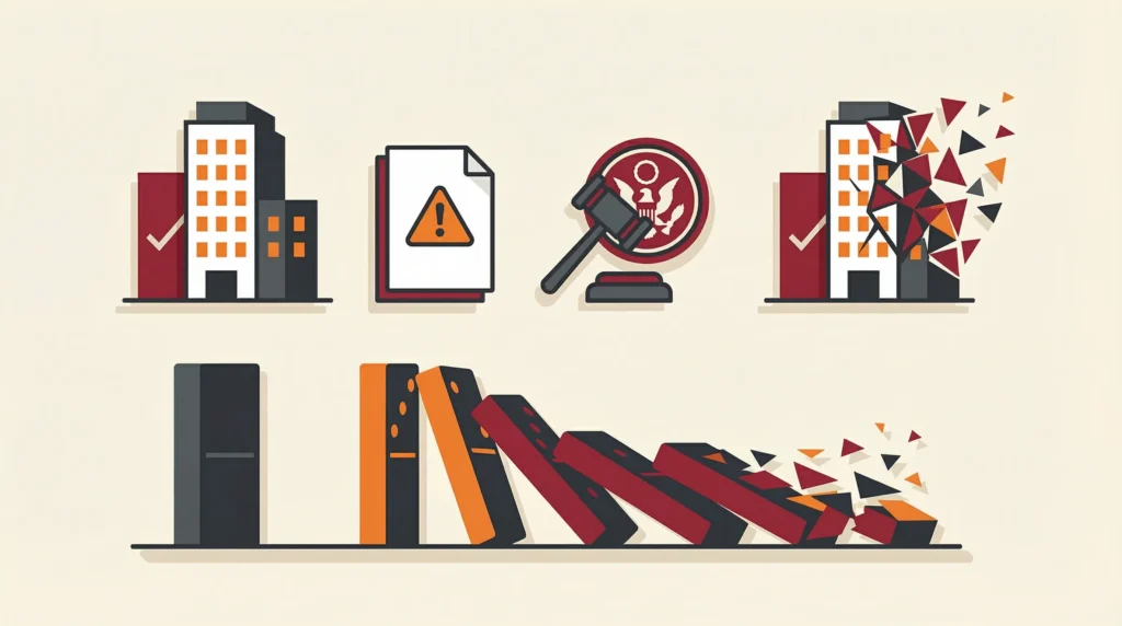 Illustration of business collapse caused by legal action, depicted through shattering buildings and falling dominoes.