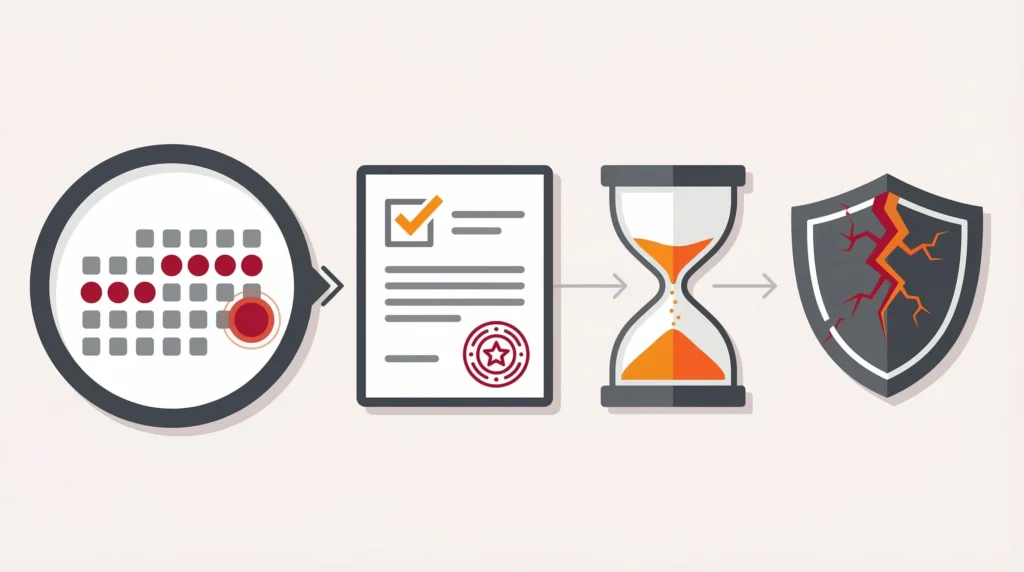 Process illustration showing a calendar, document, hourglass, and cracked shield representing expired protection.
