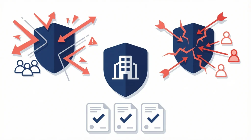 Illustration showing a shield deflecting attacks, a central business shield with compliance docs, and a shield cracking under pressure.