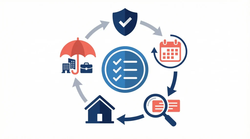Circular workflow diagram featuring icons for security, planning, analysis, housing, and insurance surrounding a central checklist