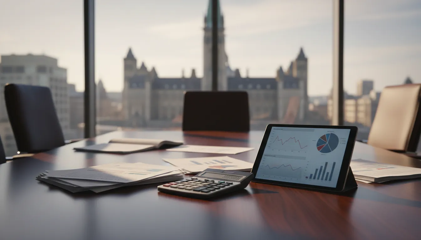 Conference table with financial documents, tablet, and calculator overlooking the blurred Canadian Parliament buildings in Ottawa.