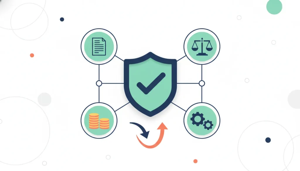 Central security shield with checkmark connected to icons for documents, legal scales, finance, and technical operations.