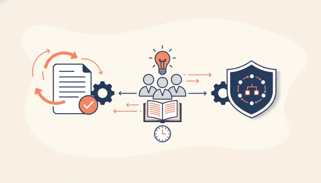 Vector illustration connecting document workflow, team collaboration with learning tools, and network security through gears and arrows.