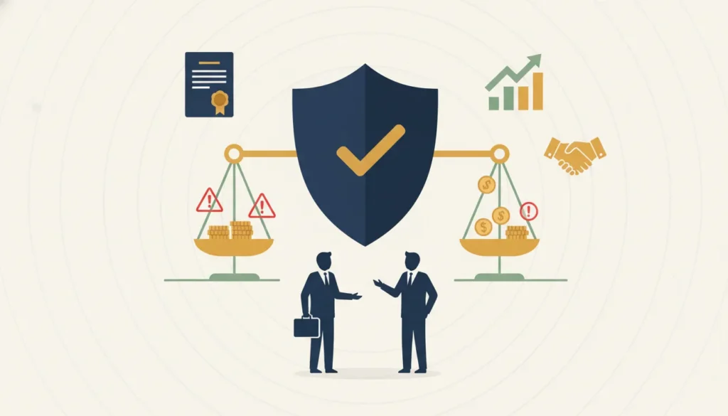 Illustration of business risk management featuring a shield, scales, and two professionals discussing finances.