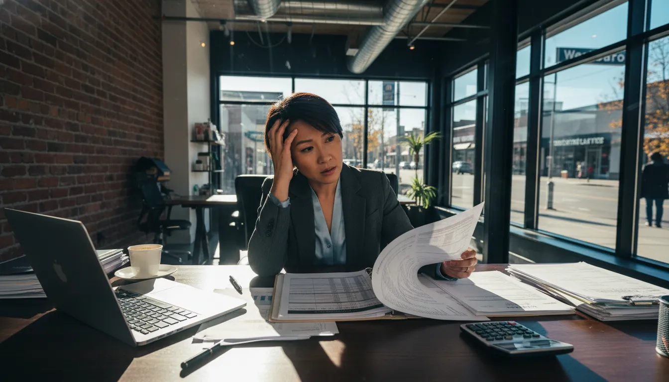 Stressed businesswoman reviewing paperwork at a desk with a laptop and calculator in a modern office.