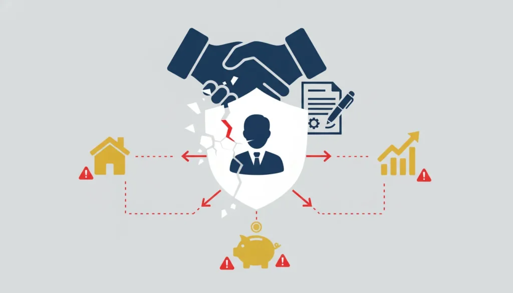 Illustration of a handshake cracking a protective shield, exposing personal assets like a home and savings to risk.