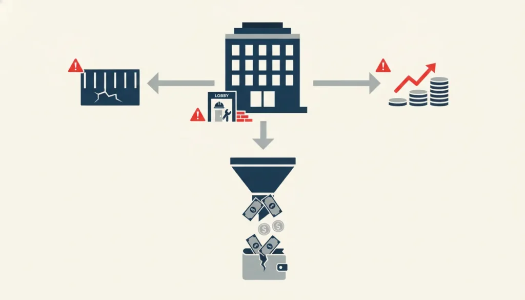 Infographic depicting building maintenance issues and rising costs draining money into a broken wallet.