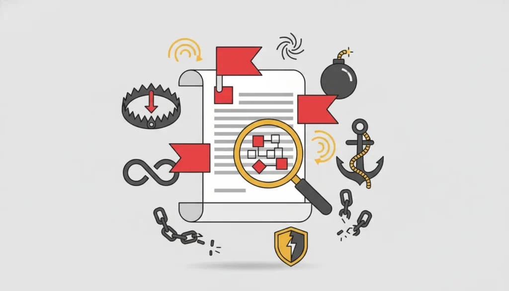 A magnifying glass analyzing a document surrounded by red flags, a bomb, and risk symbols
