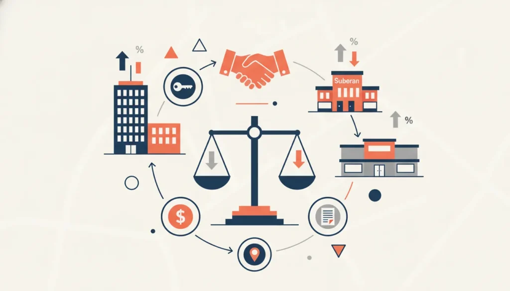 Circular business infographic featuring scales of justice, real estate buildings, handshake, and financial icons.