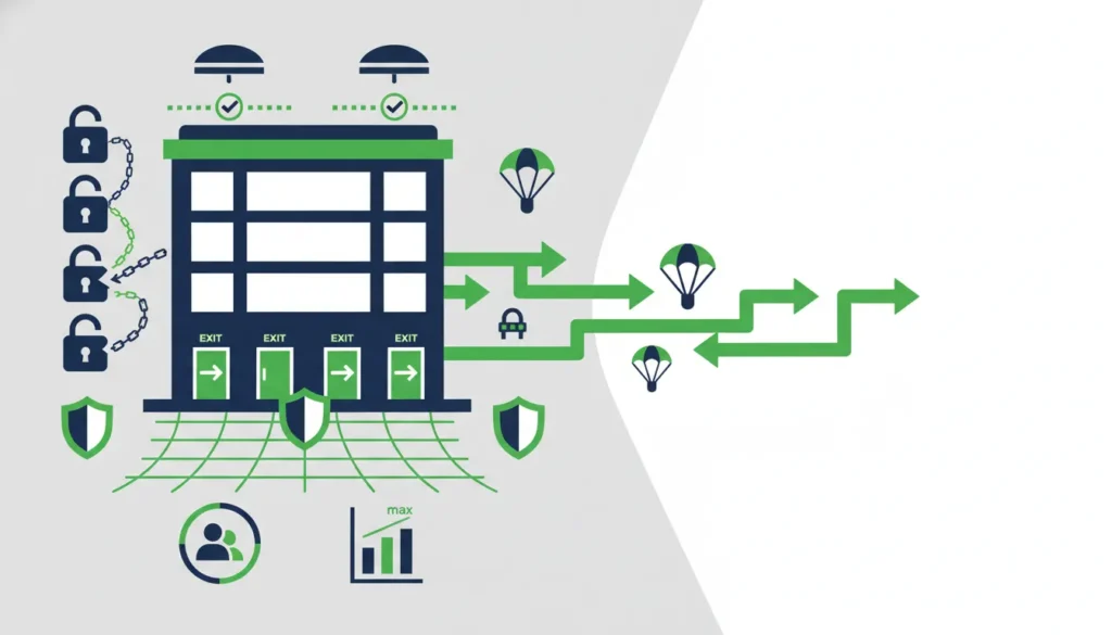 Illustration of a secure building with padlocks, shields, parachutes, and performance metrics.