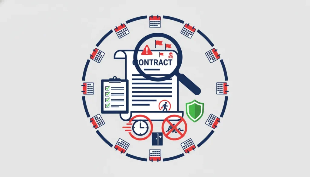 Illustration of a contract being scrutinized by a magnifying glass, surrounded by calendars and compliance icons.