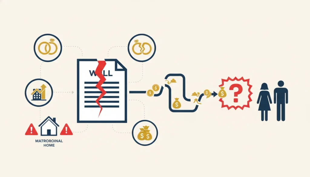 Diagram showing a torn will affected by marriage, divorce, and assets, leading to financial uncertainty.