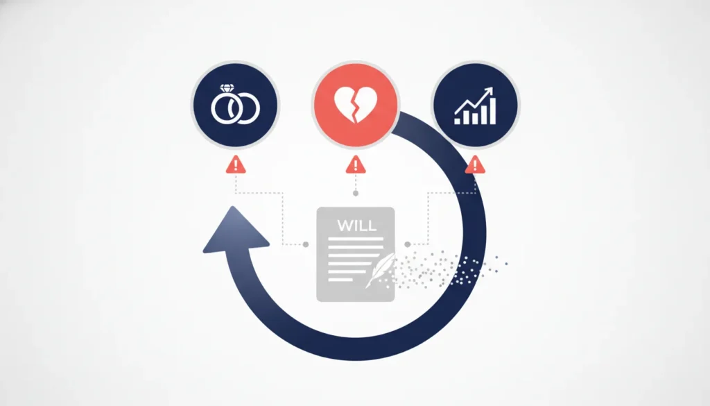 Infographic connecting a will to life events like marriage, divorce, and wealth changes via warning signs.