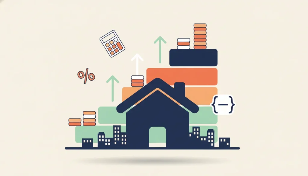 Illustration of a house with rising financial charts, coins, and arrows symbolizing real estate investment growth.