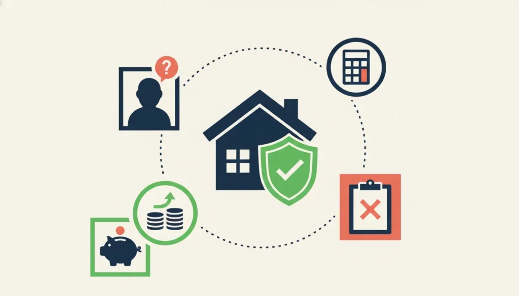House icon with shield surrounded by symbols for questions, calculations, exclusions, and financial planning.