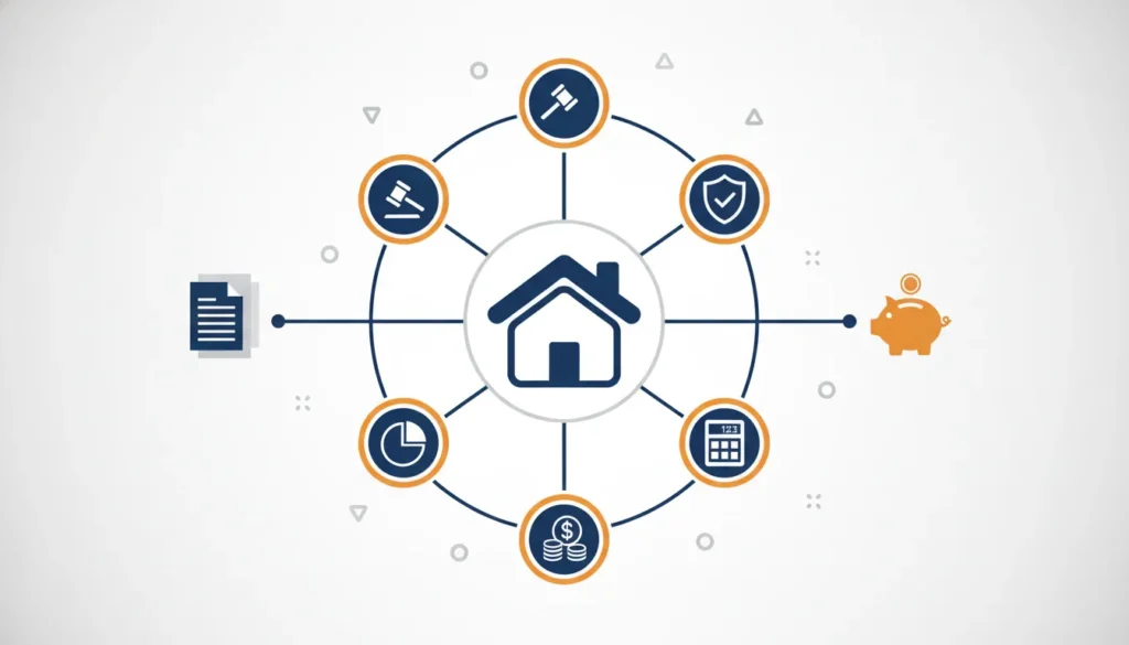 Infographic showing a house icon connected to symbols for legal, financial, insurance, and administrative real estate tasks.