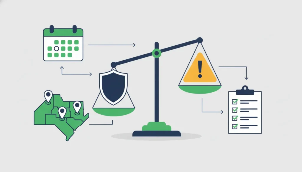 Vector illustration of a scale balancing security and risk, surrounded by a calendar, Texas map, and checklist icons.
