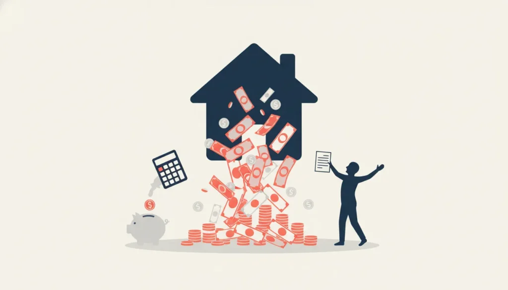 Illustration of money pouring from a house silhouette with a person celebrating and financial icons.