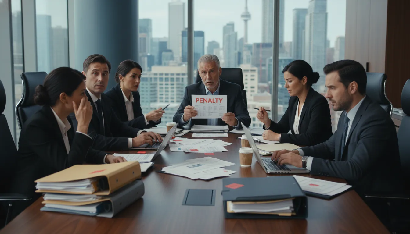 Corporate team in a tense meeting overlooking a city skyline, with the leader holding a document titled Penalty.