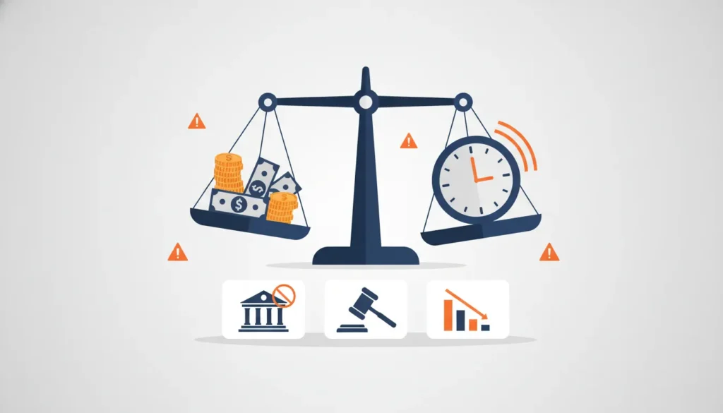 Balance scale tipping towards money versus time, accompanied by icons representing bankruptcy, legal action, and financial decline.
