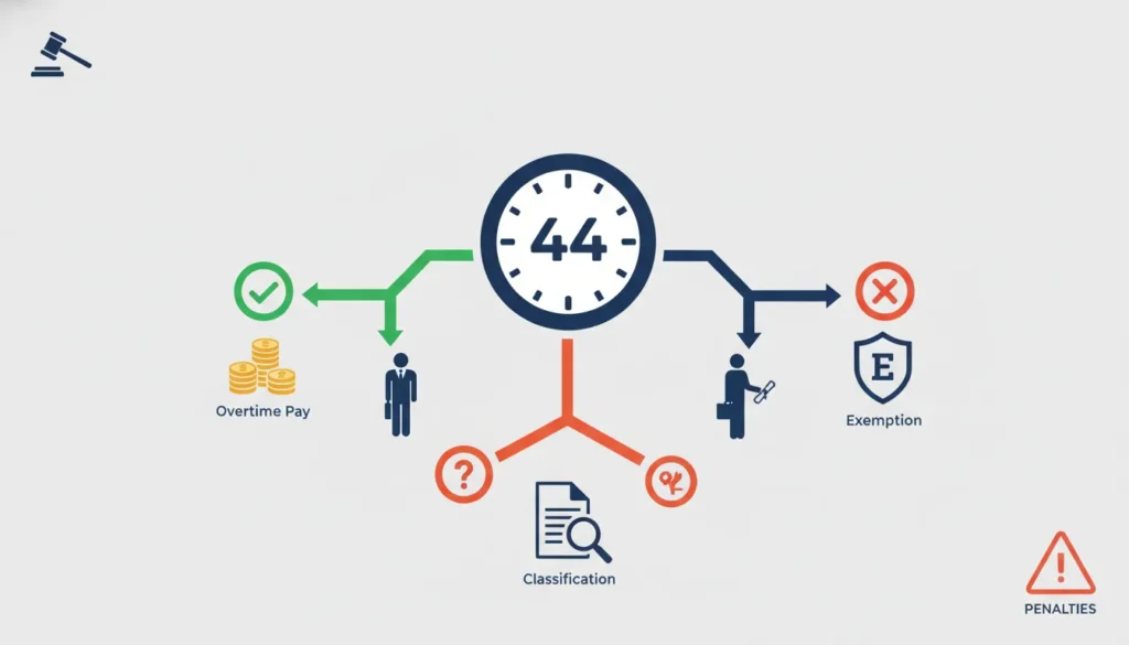 Infographic detailing labor laws, overtime pay, exemptions, and classification based on a 44-hour work week.