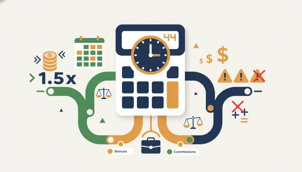 Illustration of payroll processing connecting time tracking, overtime, bonuses, and commissions through a central calculator.