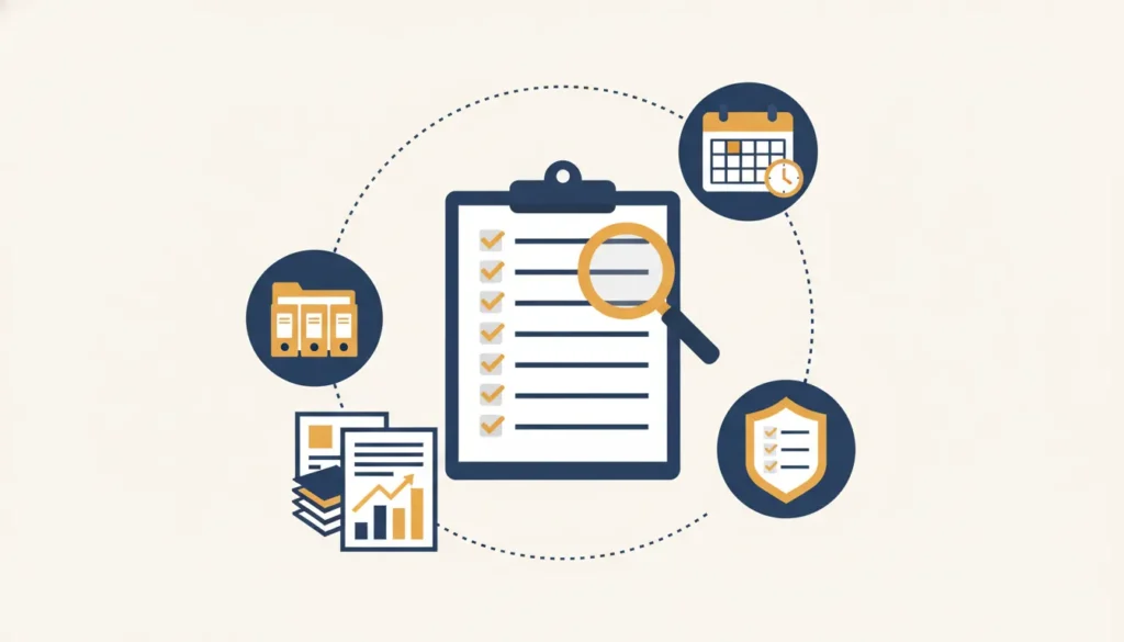 Vector illustration of an audit clipboard surrounded by icons for scheduling, security, analytics, and file management.