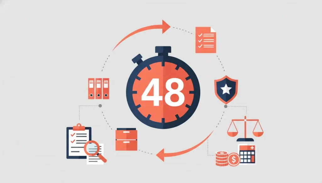 Stopwatch displaying 48 surrounded by icons for legal, financial, and administrative business processes.