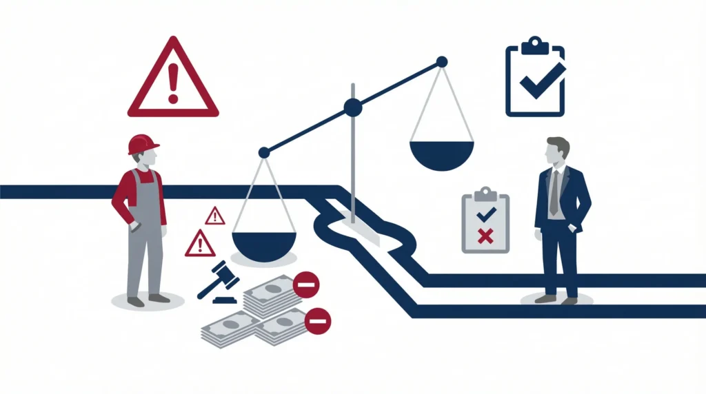 Illustration comparing workplace safety risks and financial penalties against corporate compliance and management oversight.