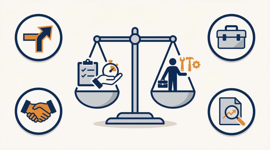 Illustration of a balanced scale weighing project planning against execution, surrounded by business strategy icons.