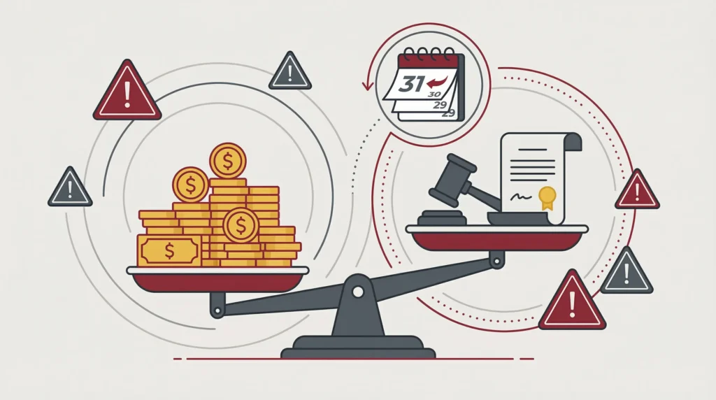 Balance scale showing heavy gold coins outweighing a gavel and legal document, emphasizing financial risk and deadlines.
