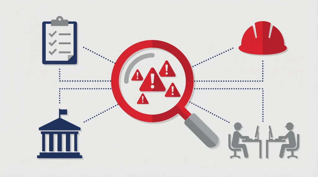 Illustration of risk assessment showing a magnifying glass analyzing hazards connected to workplace safety icons.