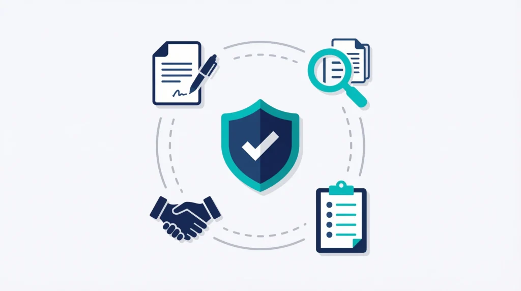 Central security shield icon surrounded by contract, audit, checklist, and handshake icons in a circular process loop.