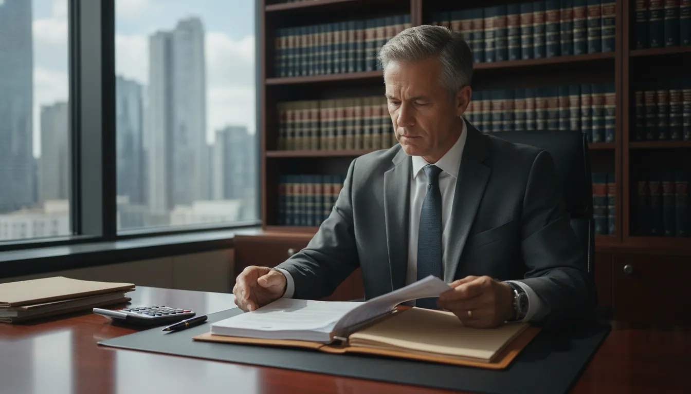 A professional man in a suit reviews documents at a desk in a law office with city views.