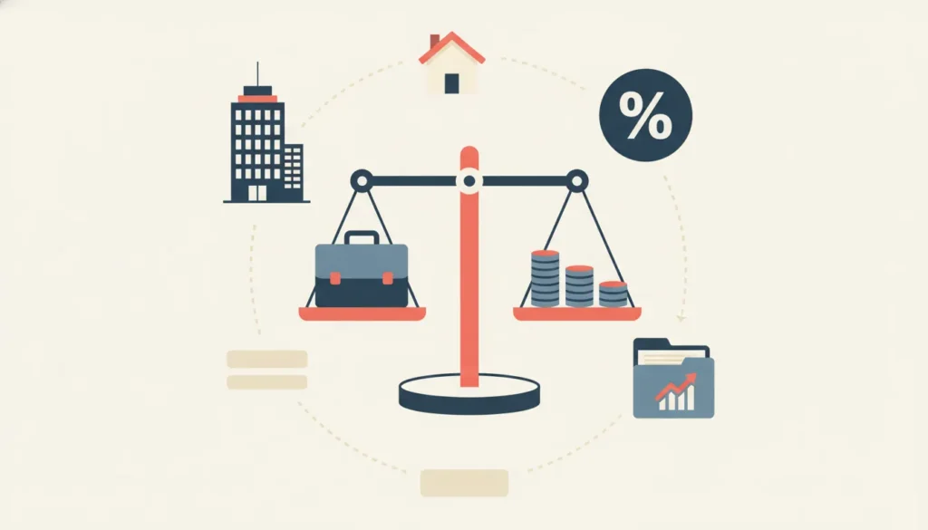 Illustration of a balanced scale weighing a briefcase against coins, surrounded by business, real estate, and financial icons.