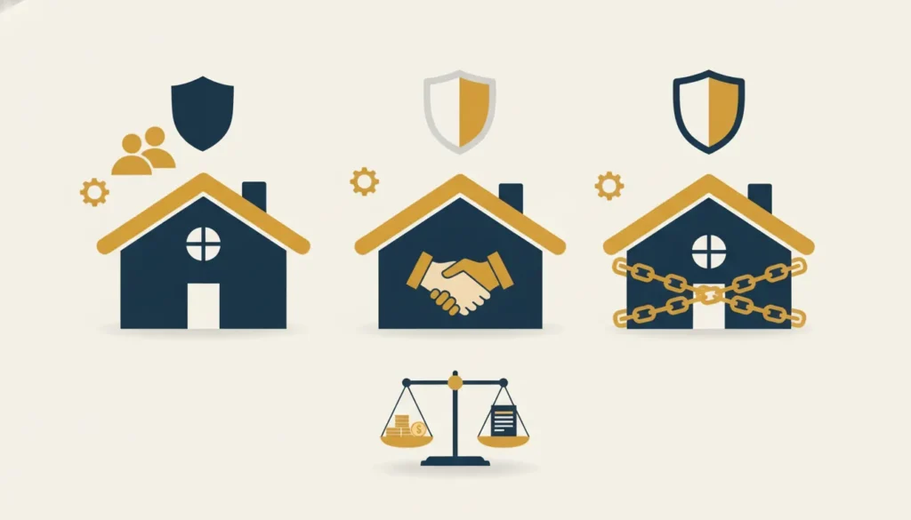 Infographic showing three stylized houses with security symbols and a legal scale balancing money and contracts.