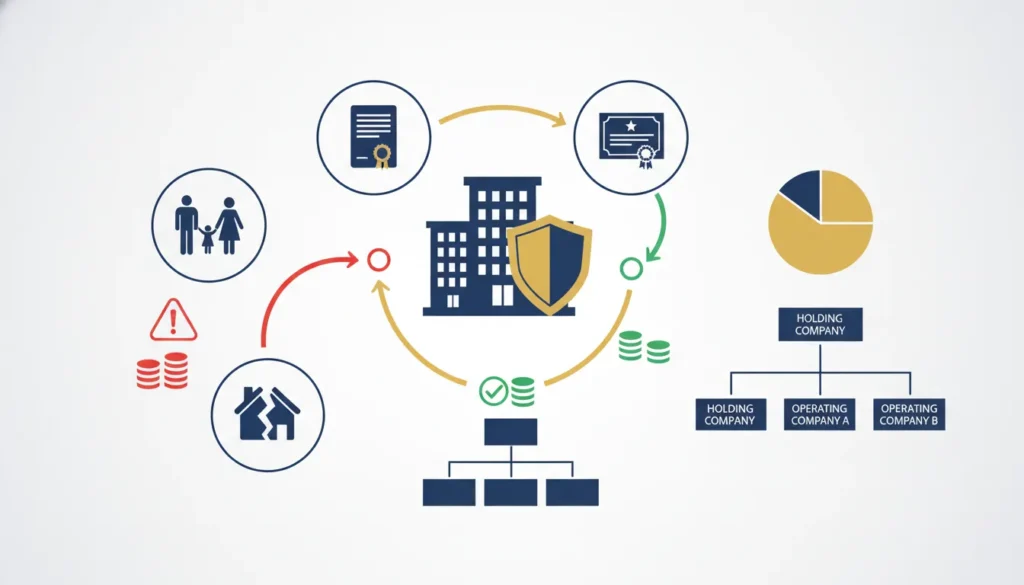 Diagram illustrating asset protection strategies using holding companies, insurance, and corporate structures to shield family wealth.