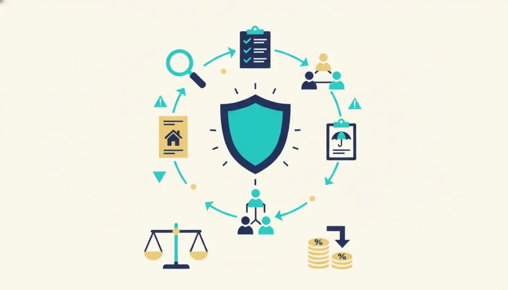 Vector illustration of a central shield surrounded by icons representing insurance, risk management, legal balance, and financial savings.
