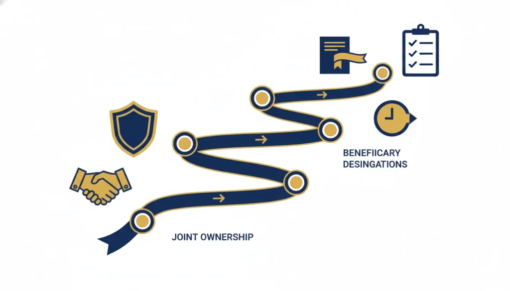 Blue and gold roadmap infographic showing Joint Ownership and Beneficiary Designations with financial planning icons.