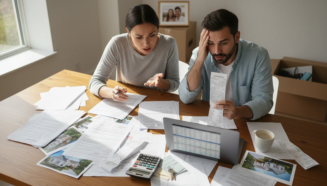 Stressed couple analyzing bills and real estate papers at a cluttered table with moving boxes in the background.
